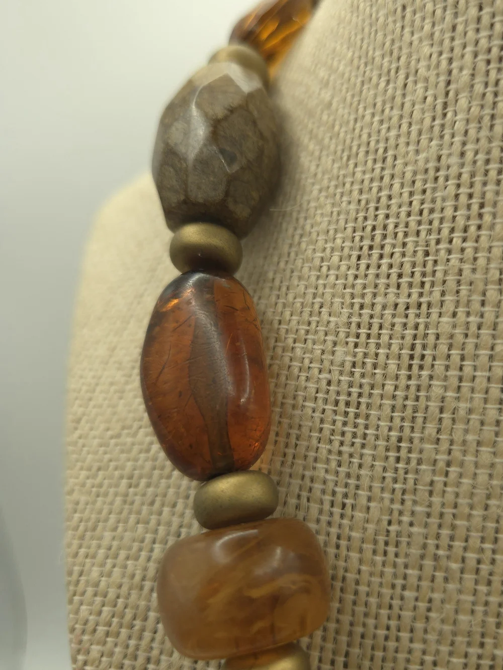 Chico's Multi-Media Bead Amber Brass Disc Brown Layered Necklace Rustic Boho Art